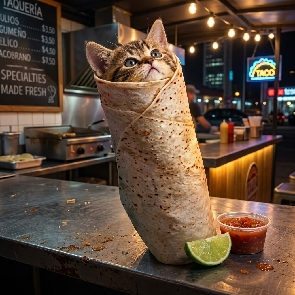 Burrito Cat on the taquería counter